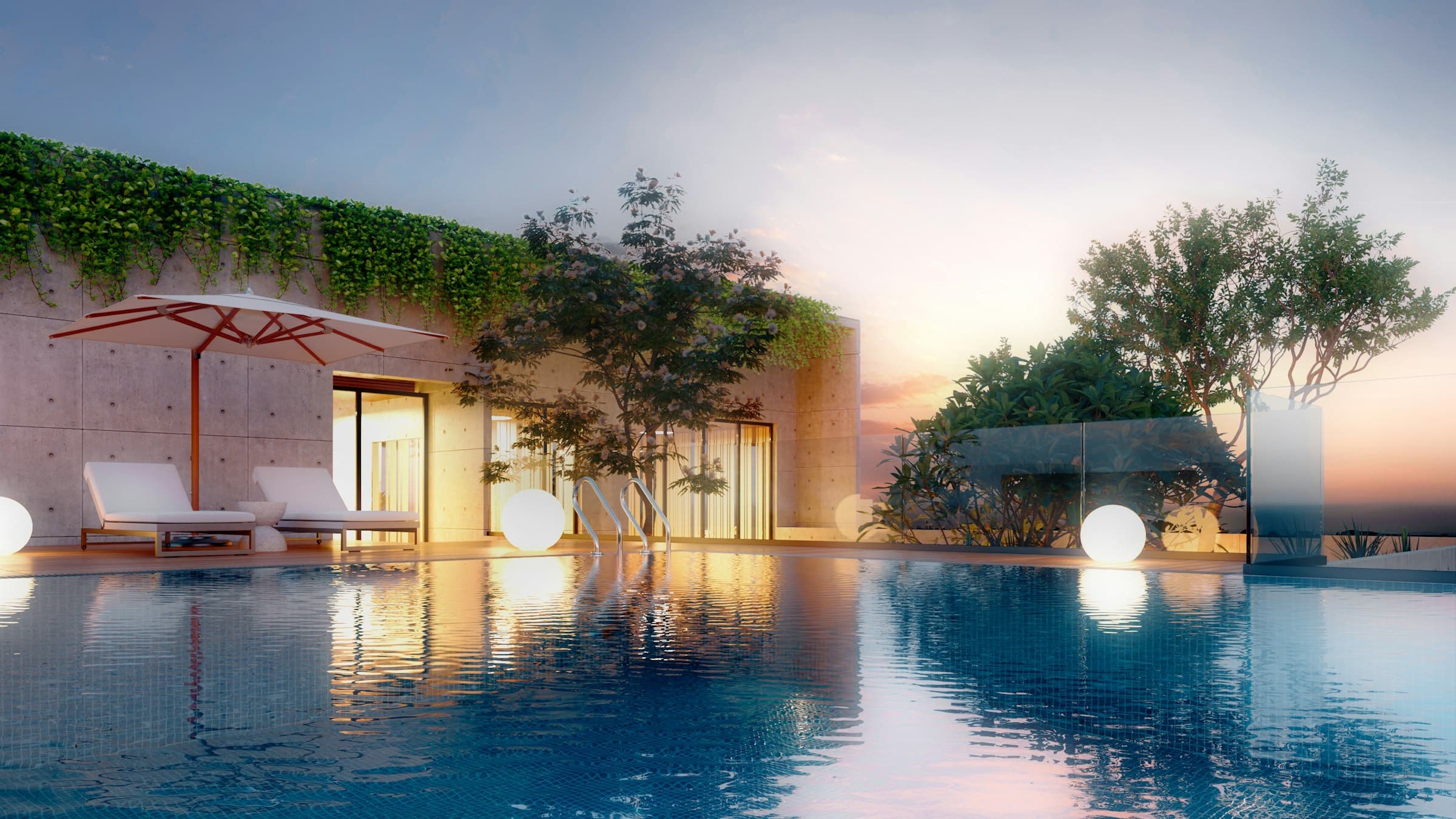 Infinity pool at sunset with loungers, globe lights and planted terraces