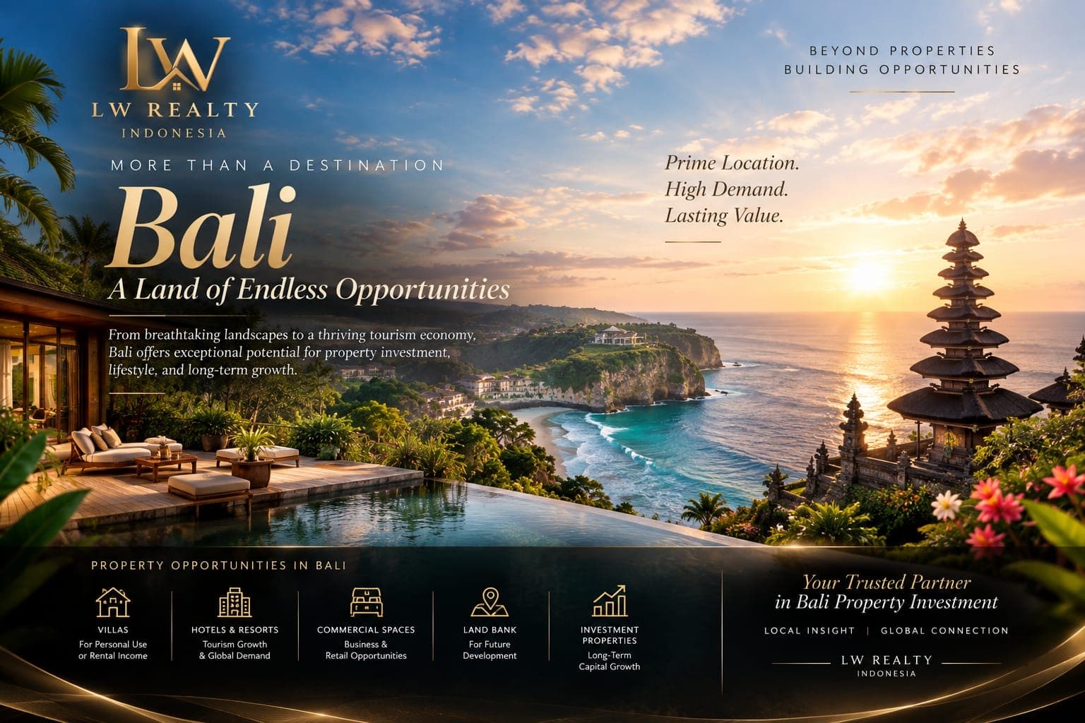 Bali, a land of endless opportunities: villas, hotels and resorts, commercial spaces, land bank and investment properties.
