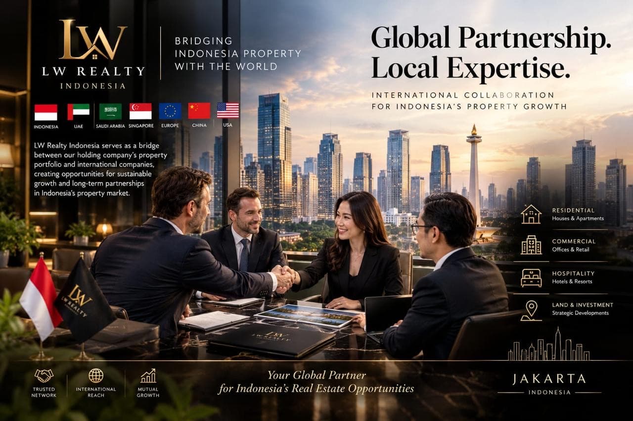LW Realty Indonesia: Global Partnership. Local Expertise. A partnership meeting overlooking the Jakarta skyline.