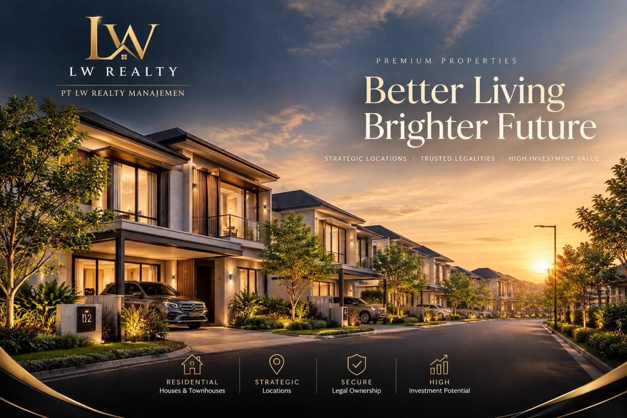 Better Living, Brighter Future: a street of modern two-storey homes at sunset.